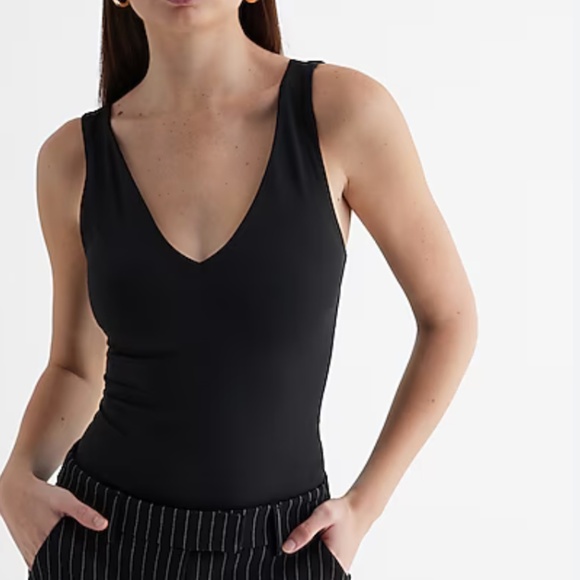 Express Body Contour High Compression Double V-Neck Ribbed Bodysuit in black - Picture 1 of 3